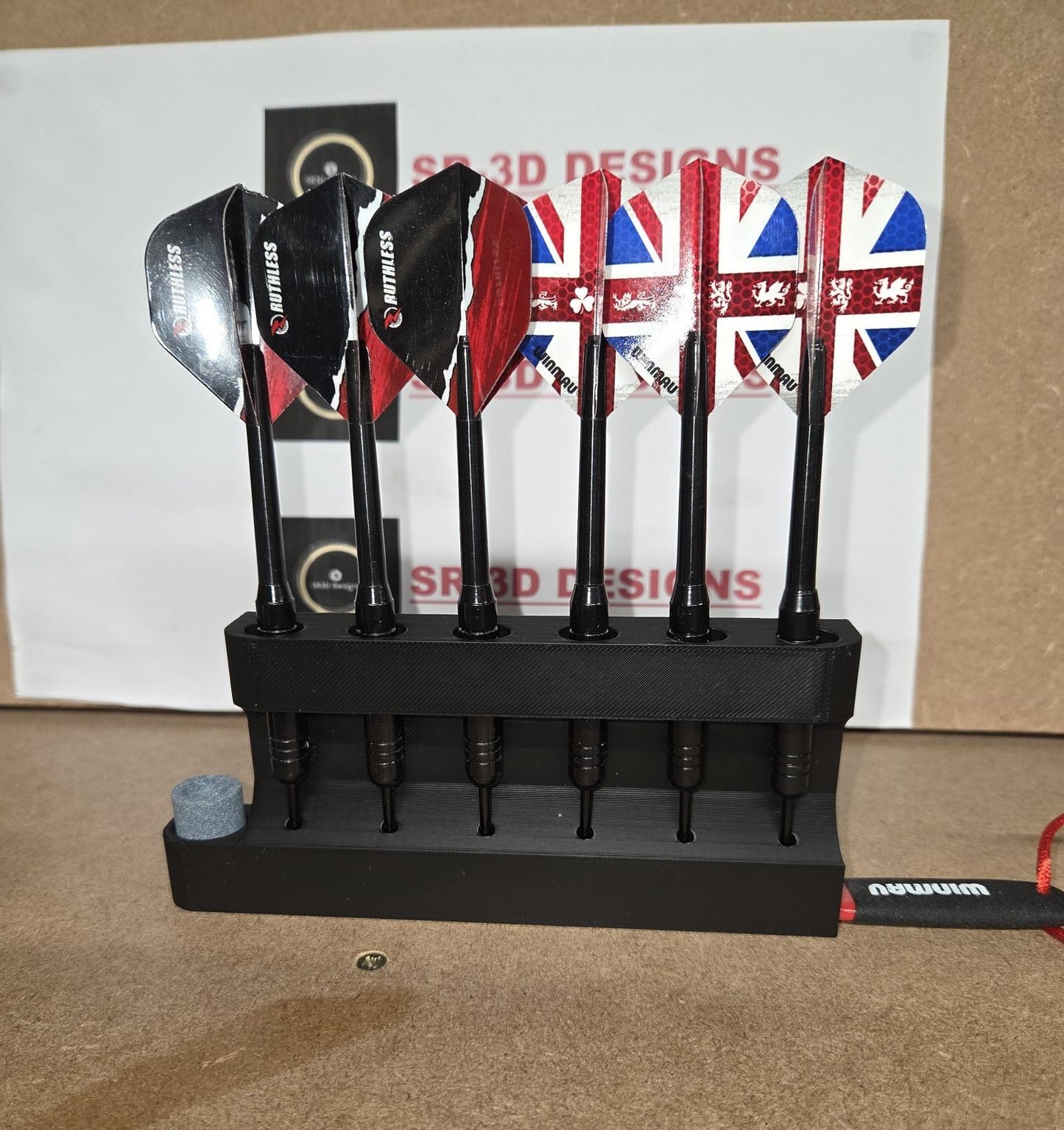 Wall mounted dart holder Built in sharpener Storage. 3, 6, or 9 Dart options