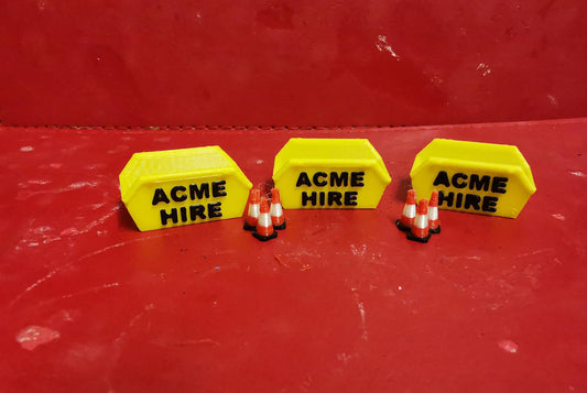 00 gauge 3 x 6 yd skip ACME HIRE branded with 6 road cones