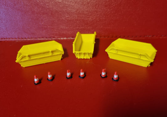 00 gauge 3 x 8 yd skip with 6 road cones 3D printed in Yellow